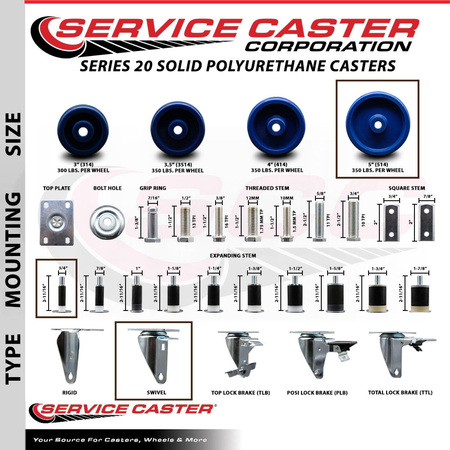 Service Caster 5'' Solid Poly Wheel Swivel 3/4'' Expanding Stem Caster Set 2 Brakes, 4PK SCC-EX20S514-SPUS-2-PLB-2-34